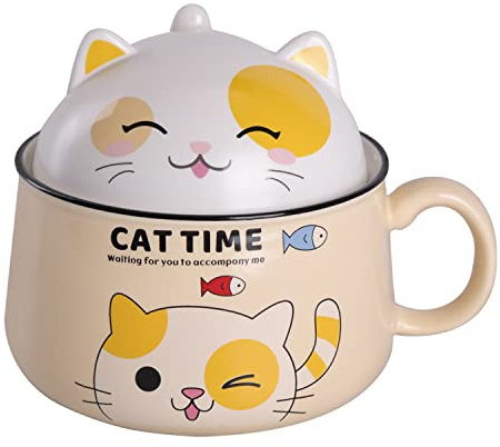 WHJY Cute Ramen Bowl Set，Kitty Ramen Bowl with Lid, Microwavable Ramen Cooker for Instant Ramen Noodles Soup Cups with Lid – 35 oz, Yellow