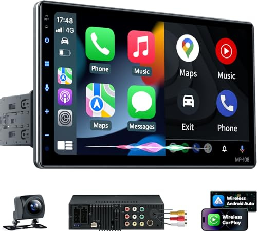 PLZ 10.1 Wireless Single Din Car Radio Stereo with Apple Carplay Android Auto Touch Screen, Car Play Audio Receivers Headunit, Bluetooth 5.3, Backup Camera, 240W, 2 Subwoofers, Navigation, FM/AM, SWC