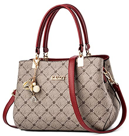 SODOLLEE Handtasche Damen Elegant Henkeltasche mit Exquisiter Anhänger PU Leder Frauen Umhängetasche Ahornblatt Schultertasche für Reisen Shopper Arbeiten Rot Griff A