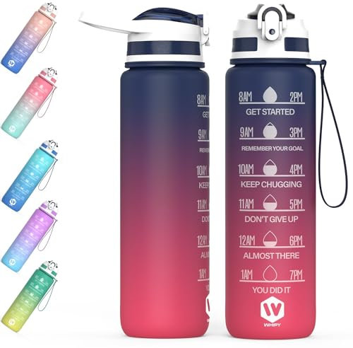WHIPY 1L Water Bottle with Straw - Leak-Proof & BPA Free Reusable Sports Bottle - Motivational Time Markings for Hydration Durable Drink Bottle for Gym, Sports, Outdoor, Cycling (Blue & Red)