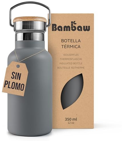 Bambaw Botella térmica 350 ml, Botella agua gris oscuro, Botella agua acero inoxidable, Botella reutilizable, Botella agua niños sin BPA – Gris antracita