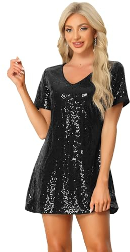 Allegra K Donna Vestito con Paillettes Glitterate con Scollo A V E Maniche Corte, Mini Abito da Festa Clubwear da Festival per Halloween Nero S