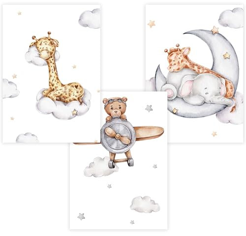 WANDKIND Kinderzimmer Poster Set Premium P772 / Träumende Tiere Babyzimmer Wandbild Wandbilder (A3 - Rahmen/Frame Eiche/Oak)