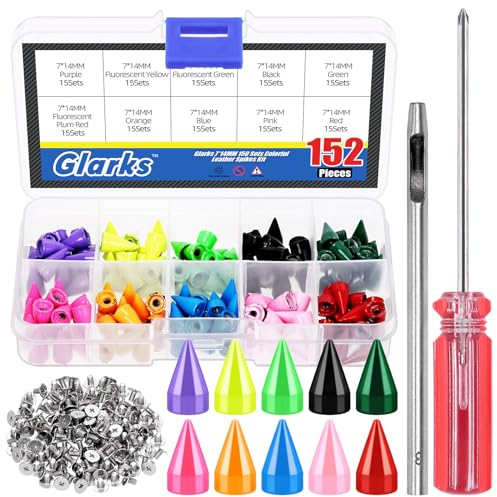 Glarks Set di 150 borchie colorate a cono, 14 mm, punk, a forma di proiettile, borchie e punte, rivetti in pelle e metallo, per artigianato in pelle, abbigliamento, scarpe, cinture, borse, collari per