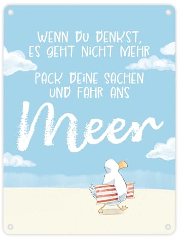 Möwe Metallschild in 15x20 cm mit Spruch Fahr ans Meer Strandliebe Nordlicht - Dein Urlaub im Norden beginnt mit Meer-Feeling Zuhause
