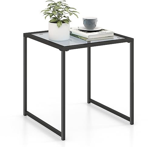 GIANTEX Mesa de Centro Cuadrada de 43 x 43 cm, Moderna Minimalista con Tapa de Cristal Templado y Estructura de Metal Resistente, Mesa Multiusos para Salón, Dormitorio, Balcón, Negro