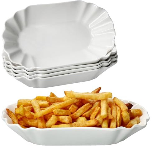 MamboCat Lot de 6 bols à frites - Ovales et blancs - En porcelaine - Assiettes à viandes avec relief pour accompagnements, saucisses, frites et pépites - Assiettes de service réutilisables
