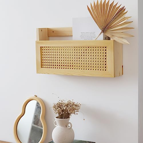 MOIUCUN Wandmontiert Zeitschriftenständer mit PE Rattan gitter,Größe 44 x 24 x 10 cm,Zeitungshalter,Wandorganizer für Eingangsbereich, Wohnzimmer, Wartezimmer, Kinderzimmer, Büro (Holzfarbe)
