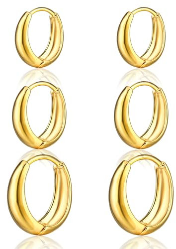 3 Paar Gold Creolen Set für Damen Modisch 7mm 10mm 12mm Goldene Ohrringe Damen Gestapelt Leicht Klein Kreolen Gold für Frauen Dicke Offene Mini Creolen Gold
