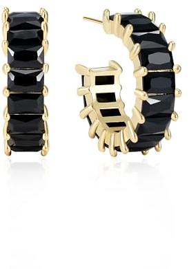 Mesovor Gold Zirkonia Creolen Ohrringe für Damen und Mädchen, 18 Karat Vergoldete Creolen in C-Form, Schmuck für Party, Abschlussball (Schwarz)