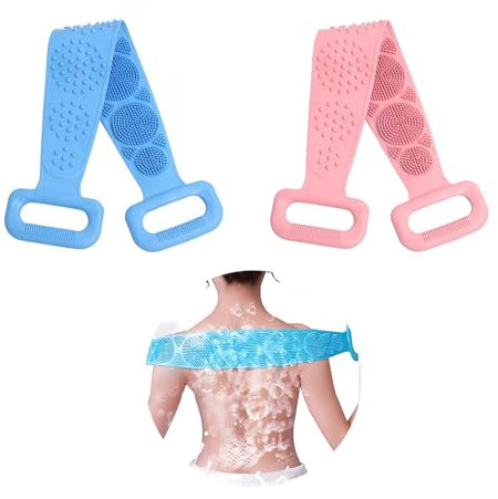 Okaywork 2pcs Spazzola schiena doccia, Spazzola per lavare la schiena da Bagno in Silicone, Scrubber Posteriore per Doccia Spazzol per Il Corpo in Silicone per Bagno Esfoliante 60cm. (blu+rosa)