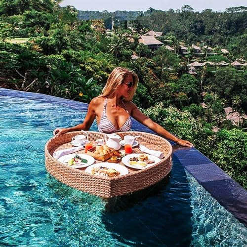 PRESSLAY Floating Tray Table Bar DIY Floating Tray, Heart Rattan Woven Floating Serving Tray Table, Swimming Pool Float for Sandbars, Spas, & Parties (Color : Yellow)