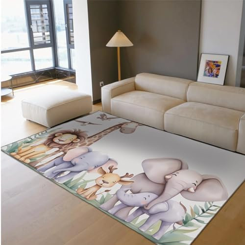 Kinderzimmerteppich Cartoon Tiere Türmatte für Kinder Schlafzimmer Wohnzimmer Teppich Niedliche Löwen Giraffe Elefant Hirsch Muster Bereich Teppich 120 x 170 cm