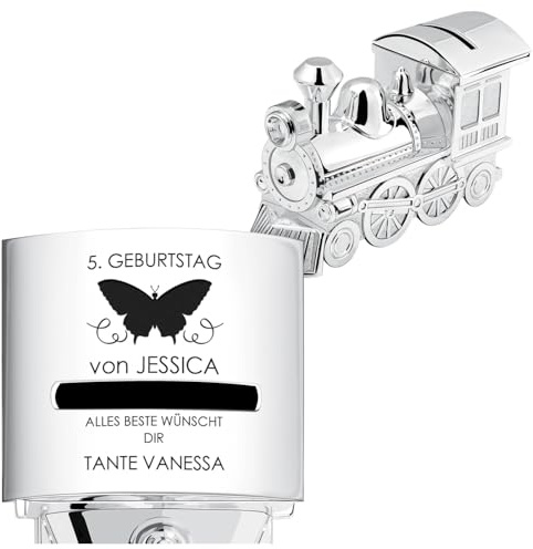 Maverton versilberte Spardose Lokomotive mit Gravur, Deko Zug Figur | Mit Gravur, personalisierbare Kinder Sparbüchse, Deko Zug Figur Baby Sparbox, Wiederverwendbare Spardose, zum Geburtstag