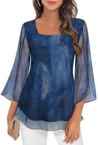 Syphiby Women's Plus Size Tunic Tops, Ruffle Sleeve Square Neck Elastic Mesh Blouse, Loose Flowing Tunic Tops for Going Out