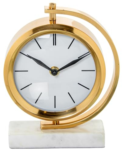 DRW Drehbare Tischuhr aus Metall mit Marmorsockel, weiß und Gold, 20 x 5 x 16 cm