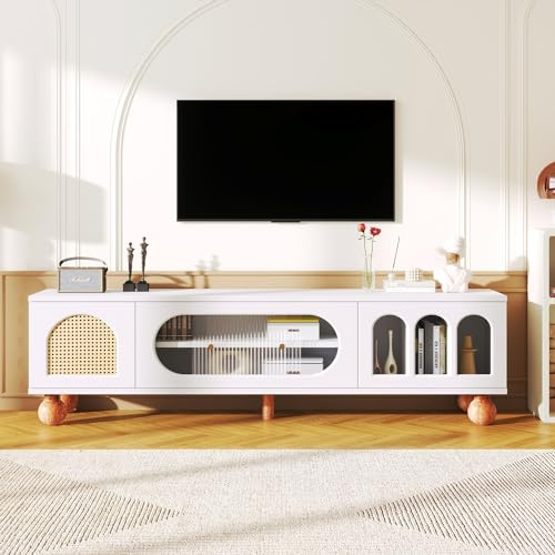 KAZZIO Mobili TV, mobili per TV con porta simile a rattan, porta scorrevole in vetro, tre aree aperte ad arco, lowboard con manici dorati e piedini in legno massiccio.