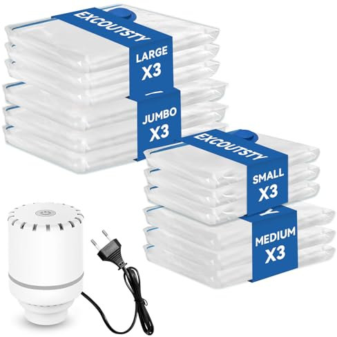 Vakuumbeutel für Kleidung mit elektrischer Luftpumpe, Transparent Vakuumbeutel 12er Set (3 x JUMBO, 3 x L, 3 x M, 3 x S) Aufbewahrungsbeutel für Kleidung, Decken, Kissen, Reisen, Bettlaken,Plüschtiere