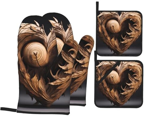 YYHWHJDE Set di 4 guanti da forno e presine con cuore in legno, spessi e resistenti, anti-scottatura e termoisolanti