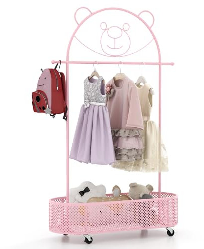 COSTWAY Kinder Kleiderständer, Garderobenständer auf Rädern mit höhenverstellbaren Kleiderstangen, Garderobe mit Korb & Bärendekoration, Kleiderwagen für Kinderzimmer, 81 x 34 x 130-182 cm (Rosa)