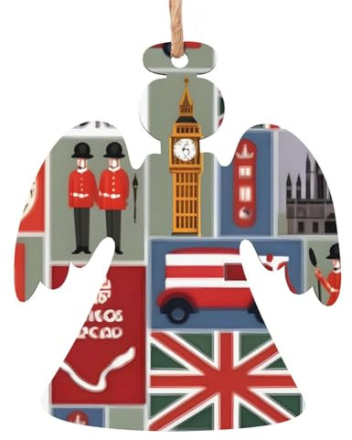 England Symbols Print Christmas Wooden Decorations Fireplace and Christmas Tree Holiday Hanging Decorations