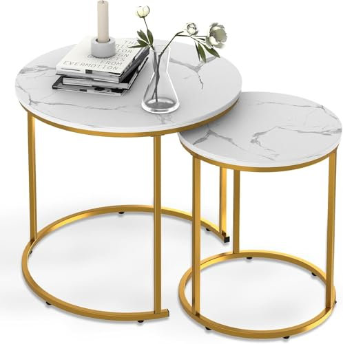 Couchtisch Rund, Satztisch 2er Set, Beistelltisch Set, Wohnzimmertisch, Couchtisch aus Holz, Sofatisch für Wohnzimmer, Schlafzimmer, Büro, Balkon, Gold Metallgestell und Weiß Marmor Tischplatte