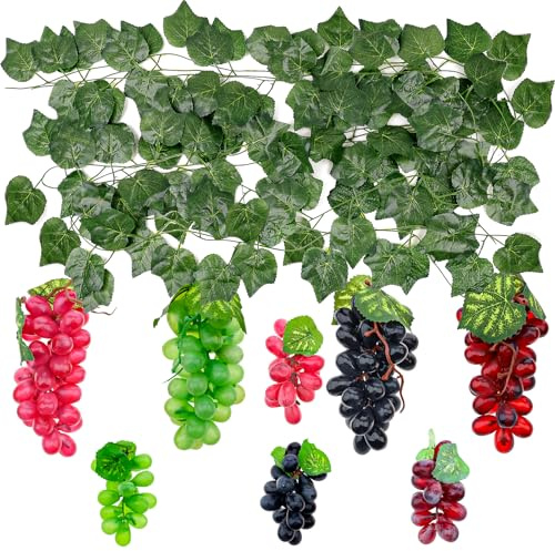 Quancru Lot de 8 grappes de raisin artificiel avec 6 vignes artificielles pour décoration murale d'intérieur