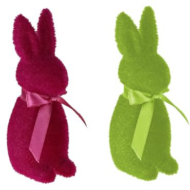 MACOSA WV5457 Osterhasen 2er Set beflockt Magenta Grün 15 cm Kunststoff Dekohase Hase Skulptur Oster-Deko Osterdekoration Figur Dekohase Dekofigur Ostern Dekoration Tischdeko