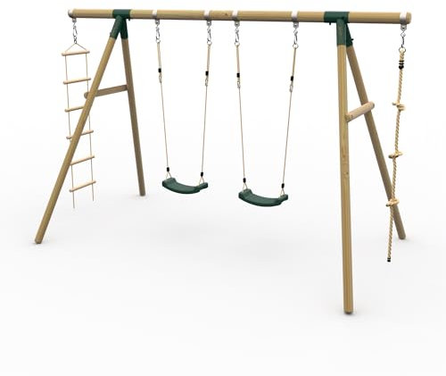 Plum Play Kids Outdoor Wooden Round Pole Swings with Ground Anchors Included - Suitable for up to 50kg per accessory - Up to 5 year Warranty (Quad Green Gibbon)