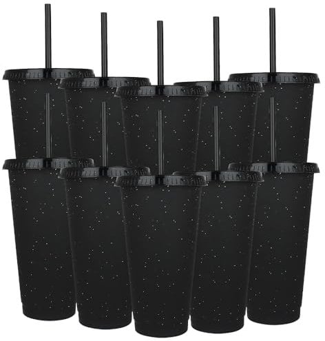 Hojalis 10 Pcs Reusable Plastic Cups, 24oz Plastic Tumblers with Lid and Straw, Black Glitter Cold Cups, Iced Coffee Cup Party Tumbler, Travel Mugs for Cold Drinks Kids Adults Party Beach Pool(Black)