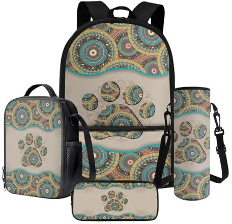 LACIYISON Boho Mandala Paw Print Backpack Combo Set Backpack with Adjustable Strap for Teenagers Lightweight Bookbag with Lunch Bag Pencil Case Casual Daypack for Teenagers