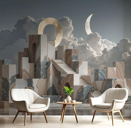 JEDTAKCT Crème Papier Peint Panoramique, Papier Peint Architecture Géométrique 3D Murale 300X210Cm (L X H) - Chambre Coucher D’Enfant Salon Décoration Art Scandinave Photo Poster Geant Murale