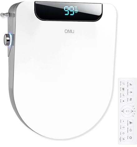 QMU Electric Bidet Toilet Seat Round - Smart Heated Toilet Seat with Remote Control, Instant Warm Water, Self-Cleaning Nozzle, Warm Air Dryer, Feminine Wash, Soft Close, LED Display