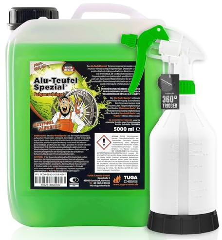 Felgenpflege Set: TUGA Chemie Alu-Teufel Spezial 5 Liter Felgenreiniger Alufelgen + chemicalworkz Sprühflasche mit 360° Canyon Trigger - gründliche Reinigung für Alufelgen & Stahlfelgen | 2-teilig