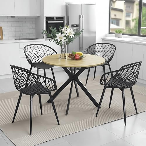 ZECIIYE Esstisch Stühle,100 cm Esstisch Rund mit 4 Stühlen Set,Essgruppen Für 4 Personen,Runder Tisch Holz Braun mit Stühlen Schwarz für Küchen, Esszimmer, Wohnzimmer, Balkon, Restaurant, Büro