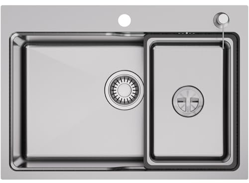 CECIPA Spülbecken Küche 68 × 48 cm aus Edelstahl, Küchenspüle für Arbeitsplatten ab 80 cm, mit Siphon, Überlauf & Ablaufgarnitur, mit Hahnloch