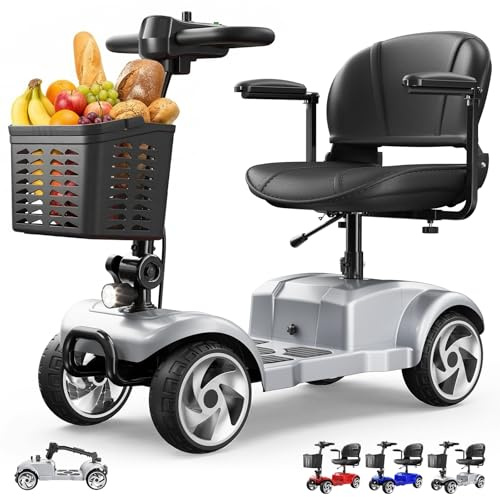 Seniorenmobil 4 Rad Klappbar Elektromobil 20km Reichweite bis 150kg, Silber | Mit 12Ah Akku, 22 cm großen Rädern, Vollgummireifen, Verstellbarer Sitz, Ablagekorb, Elektromobil für Senioren und Erwachsene