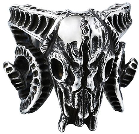 HIJONES Herren Edelstahl Vintage Silber Ton Schwarz Horn Ziege Schädel Ring Open End Style Größe 70