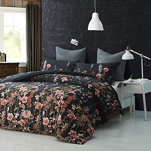 FANSU Bettwäsche 135x200 Set 2 teilig, Mikrofaser Kinderbettwäsche Schwarz Bunt Blumen Bettwäsche Set - Weiche Bettdeckenbezug mit Reißverschluss und 1 Kissenbezüge 50x75 cm