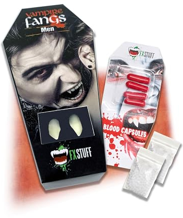 FXSTUFF Men's vampire teeth + artificial blood capsules + moulding compound (reusable)