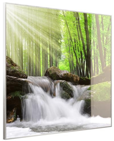 Steinfeld XXL Glasbild mit Rahmen/Glas Deko Bild (Silber/alu) (100 x 115 cm, 065 Wasserfall Wald)