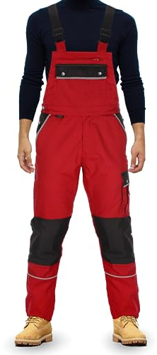 TMG® Lange Arbeitslatzhose für Männer, Latzhose mit Knietaschen, Arbeitshose Herren, robust, viel Stauraum | Rot 58