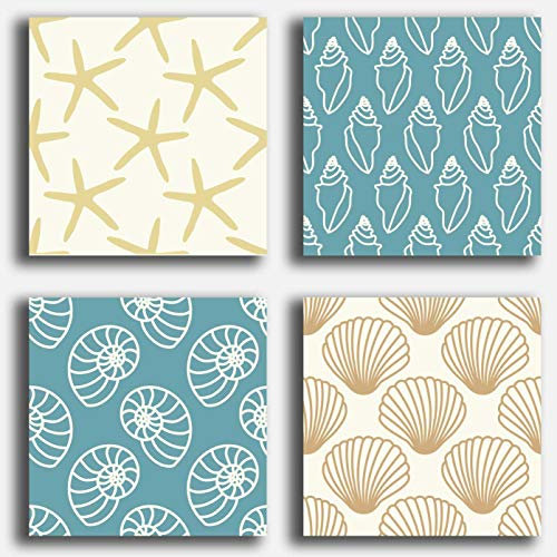 Quadri Moderni 4 pz. Shabby Chic conchiglia Mare Stampa su Tela CANVAS Arredamento Arte Astratto XXL Arredo soggiorno salotto camera da letto cucina ufficio bar ristorante (4 pezzi 30x30 cm cad.)