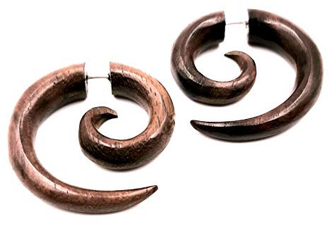 Funight Faux Ecarteur Boucles d'oreilles Piercing Bois paire marron homme femme mixte Ethnique Gauge Expander Wood Wooden Fake Spirale