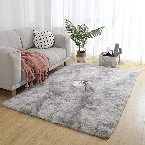 CoutureBridal Gradient Grau Teppich Lammfell Bequemer Kunstfell Shaggy Flauschig Teppich 140x200cm Lange Haare Fell Optik,Anti-Rutsch Teppich für Wohnzimmer Wolle Bettvorleger Sofa Matte
