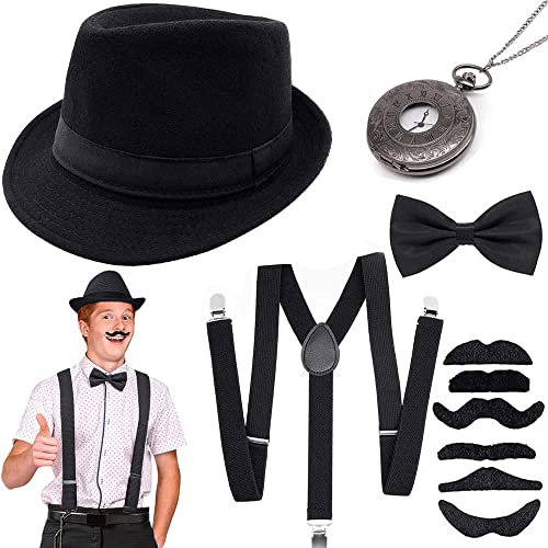 JORAKI 1920s Herren Gatsby Gangster Mafia Accessoires mit Verstellbar Hosenträger Hut Herren Fliege Taschenuhr,Herren kostüm Zubehör Set für Abschlussball Event Halloween Gangster Party