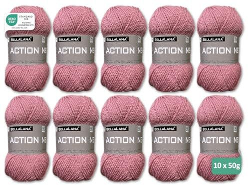 BellaLana Wolle Action New, Allzweckgarn, Stricken, 10x50gr, Altrosa | 100% Polyacryl-Garn, weich, angenehm & pflegeleicht - Lauflänge ca. 133m - Nadelstärke 3-4 - für Pullover, Schals, Decken