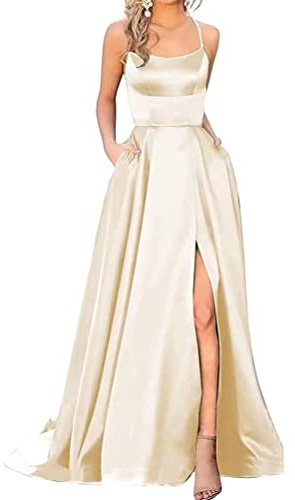Onsoyours Damen Ballkleider Off Shoulder Kleider Lang Elegant Hochzeit A-Linie Criss-Cross Satin Spaghetti Party Prom Dress Abendkleider Schlitz Brautkleid Festkleider mit Taschen B Champagner XS