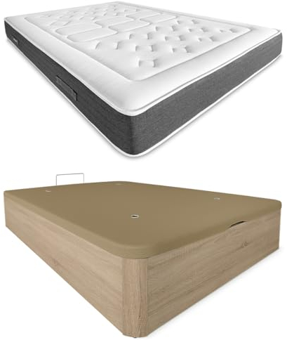 DUÉRMETE ONLINE - Pack Colchón Viscoelástico Bio Nature Grosor 24 cm con Canapé Madera Abatible Gran Capacidad Color Cambria, 135 x 190 cm