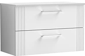 nuie DPF195W Deco Modern Bathroom Wall Hung 2 Drawer Part Fluted Vanity Basin Unit with Worktop, 800mm, Satin White